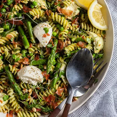 Pesto Pasta Salad with Crispy Prosciutto