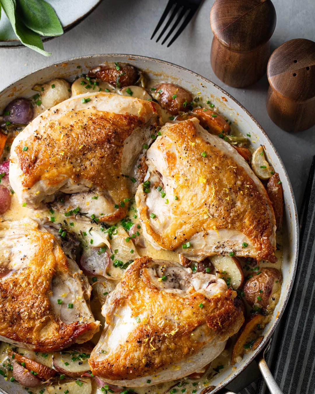 Roasted Chicken & Baby Root Vegetables in Sage Cream Sauce