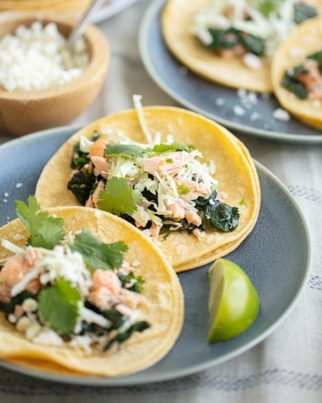 Salmon Tacos with Greens & Tomatillo Salsa