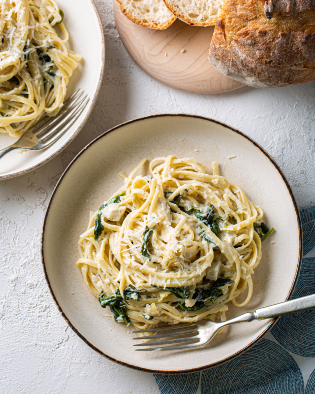 Creamy Artichoke Linguine w/ Spinach