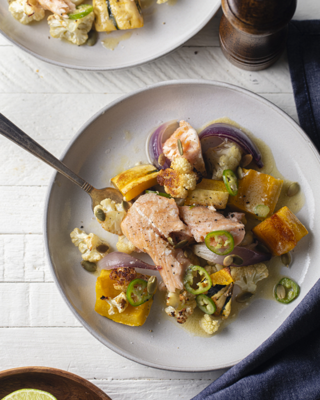 Sheet Pan Salmon and Squash with Miso Mojo