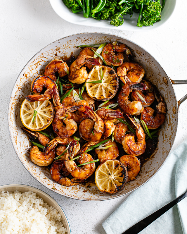 Charred Lemon Honey Shrimp Skillet