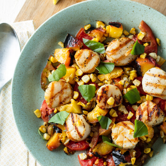 Grilled Scallops with Peach, Corn & Tomato Salad Gelson's